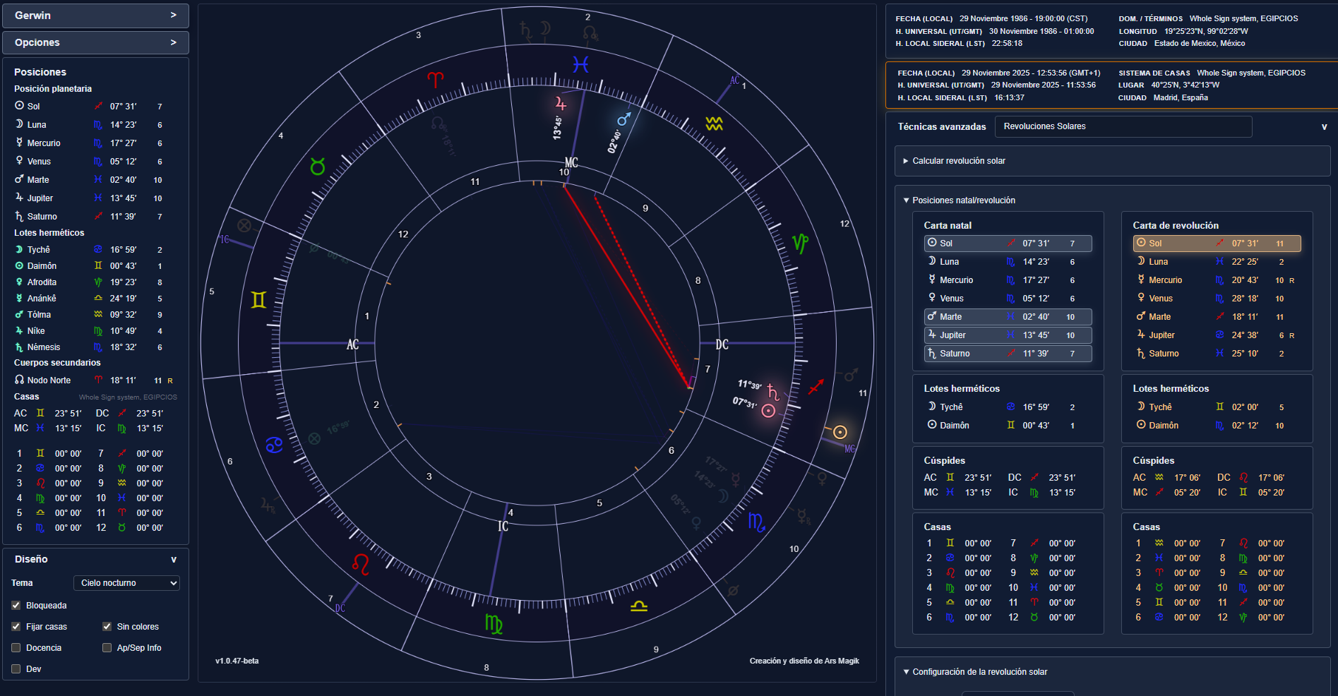 Ars MagiK Astro · Revolución solar en modo noche